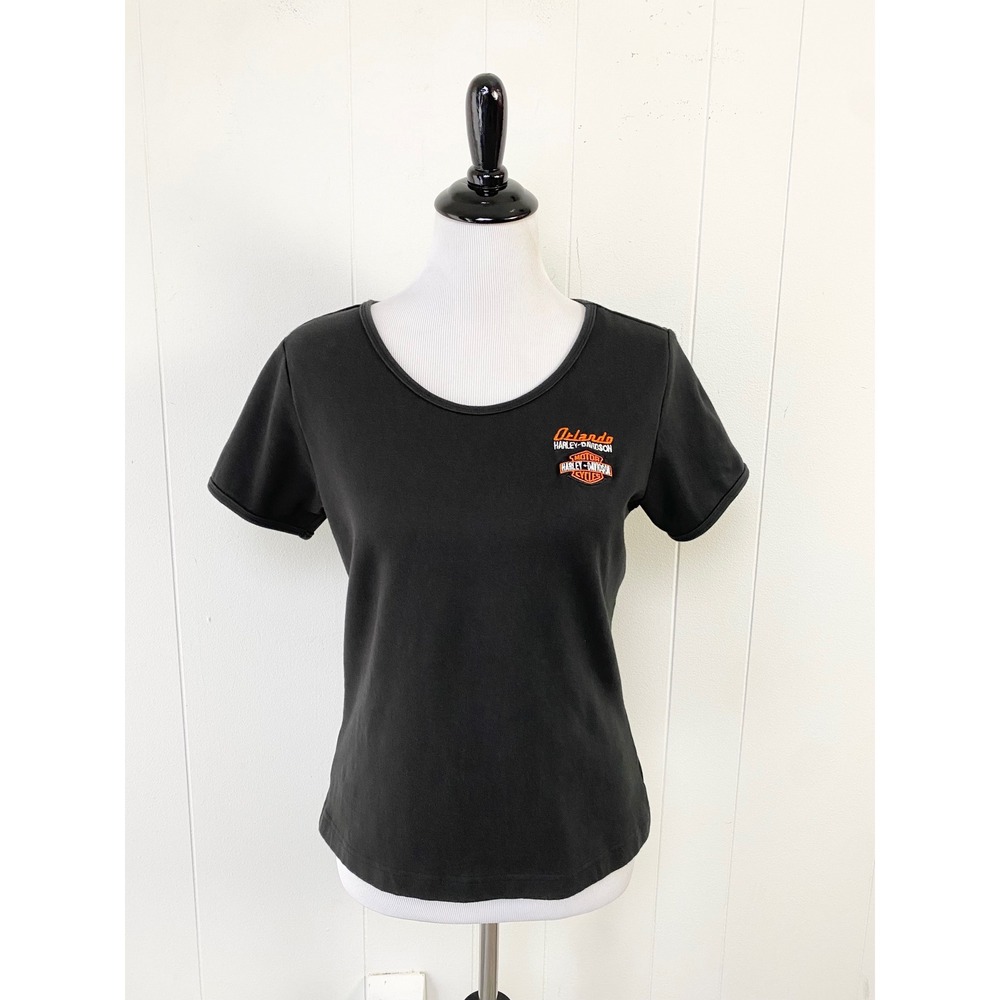 VTG Y2K Harley-Davidson Orlando Black Stretch Scoop Neck T-Shirt Womens L Moto